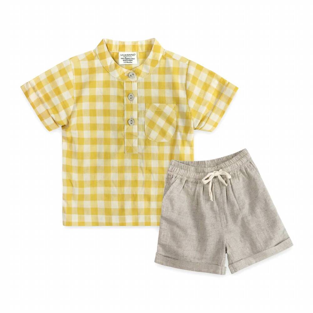 NEW VIVERANO ORGANICS boy's aiden gingham baby shirt and linen shorts in yellow